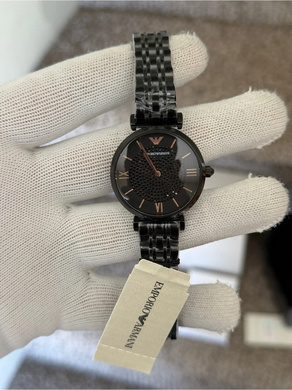 Emporio Armani Women's Black and Rose Gold Stainless Steel Bracelet Watch